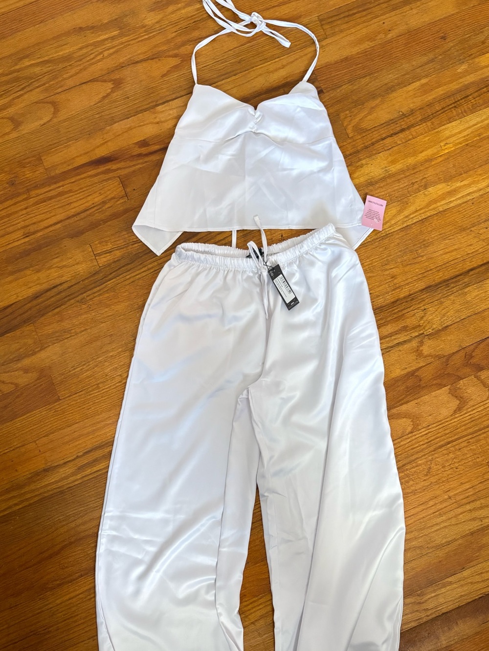 PrettyLittleThing White Satin Halter Top & Wide Leg Pants Set